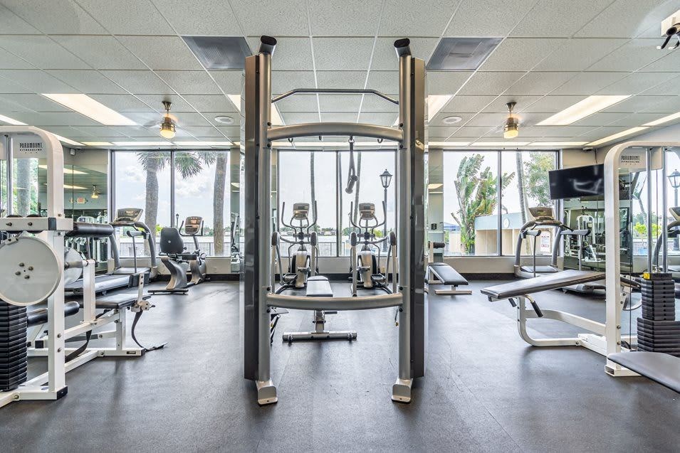 Interior view of a fitness center with exercise equipment and large windows overlooking palm trees.