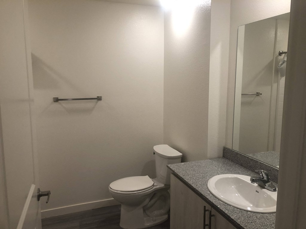 New Apartments in Downtown Phoenix, AZ - VB on 12th Street - a Bathroom with Hardwood-Style Flooring, a Granite Countertop Sink with Sand Colored Cabinetry, and a Large Mirror.