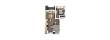 A floor plan of a small apartment with a kitchen, living room, and bathroom.