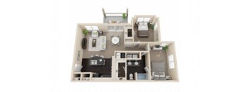 A 3D floor plan of a house with a kitchen, living room, and two bedrooms.