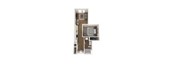 A top down view of a kitchen with a refrigerator, sink, and cabinets.