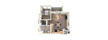 A 3D floor plan of a small apartment with a kitchen, living room, and bathroom.