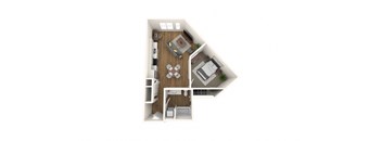 A top down view of a house layout with a kitchen, living room, dining room, and two bedrooms.