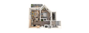 A 3D rendered image of a small apartment layout.