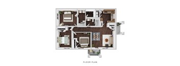 A floor plan of a house with a living room, kitchen, dining room, and two bedrooms.