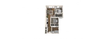 A top down view of a small apartment with a kitchen, living room, and bathroom.