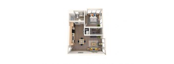 A top-down view of a small, well-organized apartment with a kitchen, living room, and bathroom.