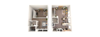A 3D rendered image of a small apartment layout.