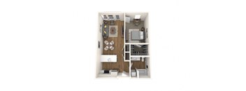 A floor plan of a small apartment with a kitchen, living room, and bathroom.