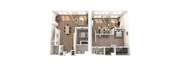 A 3D rendered image of a modern apartment split into two halves, one with a kitchen and living room, the other with a bedroom and bathroom.