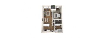 A white image of a small apartment with a kitchen, living room, and bedroom.