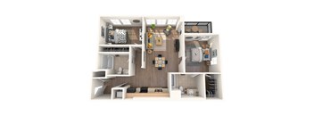 A 3D rendered image of a modern apartment layout.