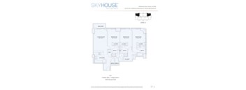 A floor plan for a Skyhouse by Buckhead shows a living room, two bedrooms, a bath, a kitchen, and a balcony.