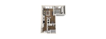 A top-down view of a small apartment with a kitchen, living room, and bedroom.