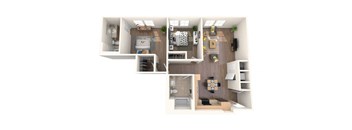 A 3D floor plan of a small apartment with a kitchen, living room, and bathroom.