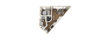 A top down view of a house layout with a kitchen, living room, and bedrooms.