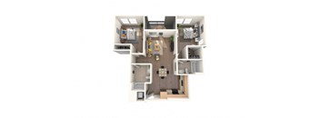 A top-down view of a small apartment with a kitchen, living room, and bathroom.