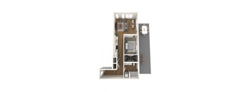 A 3D rendered image of a small apartment layout.