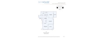 A drawing of a floor plan for a one bedroom, one bathroom apartment.