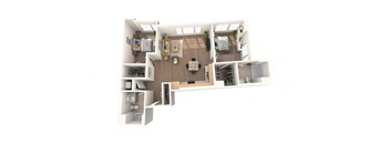 A top-down view of a small apartment with a kitchen, living room, and bathroom.