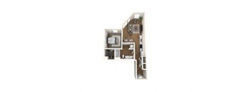 A top down view of a small apartment with a kitchen, living room and bathroom.