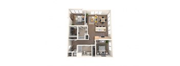 A 3D floor plan of a small apartment with a kitchen, living room, and bathroom.