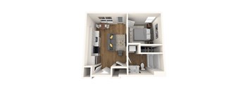 A 3D rendered image of a small apartment layout.