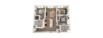 A 3D rendered image of a small apartment layout.