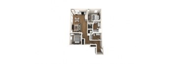 A top-down view of a small apartment with a kitchen, living room, and bathroom.