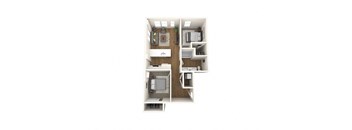 A top down view of a small apartment with a kitchen, living room, and two bedrooms.