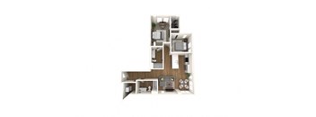 A 3D floor plan of a house with multiple rooms.