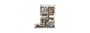 A floor plan of a small apartment with a kitchen, living room, and bathroom.