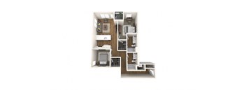 A floor plan of a small apartment with a kitchen, living room, and bathroom.