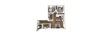 A 3D rendered image of a house layout.