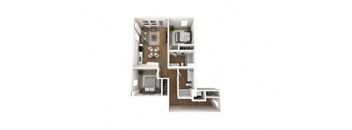 A floor plan of a small apartment with a kitchen, living room, and two bedrooms.