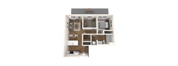 A floor plan of a small apartment with a kitchen, living room, and two bedrooms.