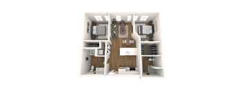A 3D floor plan of a small apartment with a kitchen, living room, and two bedrooms.