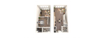 A 3D rendered image of a small apartment with a kitchen and living room.