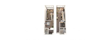 A small apartment with a kitchen, living room, and bathroom.