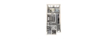 A top down view of a small apartment with a kitchen, living room, and bathroom.