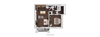 A floor plan of a small apartment with a living room, kitchen, and bathroom.