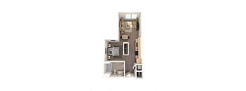 A drawing of a house with a kitchen, living room, and bathroom.