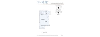 A drawing of a studio apartment layout by SkyHouse.