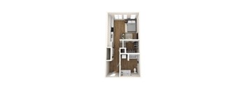 A small apartment with a kitchen and a bathroom.