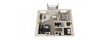 A dollhouse living room with furniture and appliances.