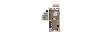 A floor plan of a small apartment with a kitchen, living room, and bathroom.