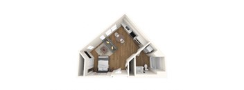 A top-down view of a house interior with a kitchen, living room, and bedroom.