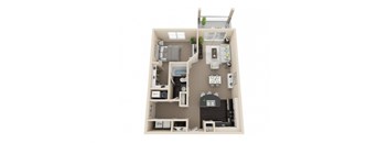 A floor plan of a small apartment with a kitchen, living room, and bedroom.