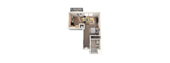 A top down view of a small apartment with a kitchen, living room and bathroom.
