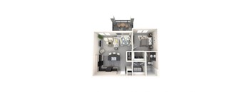 A drawing of a small apartment with a kitchen and living room.